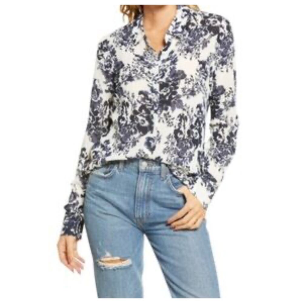 Reformation Violet Blouse Women XL Navy Madame Floral Long Sleeve Button Down